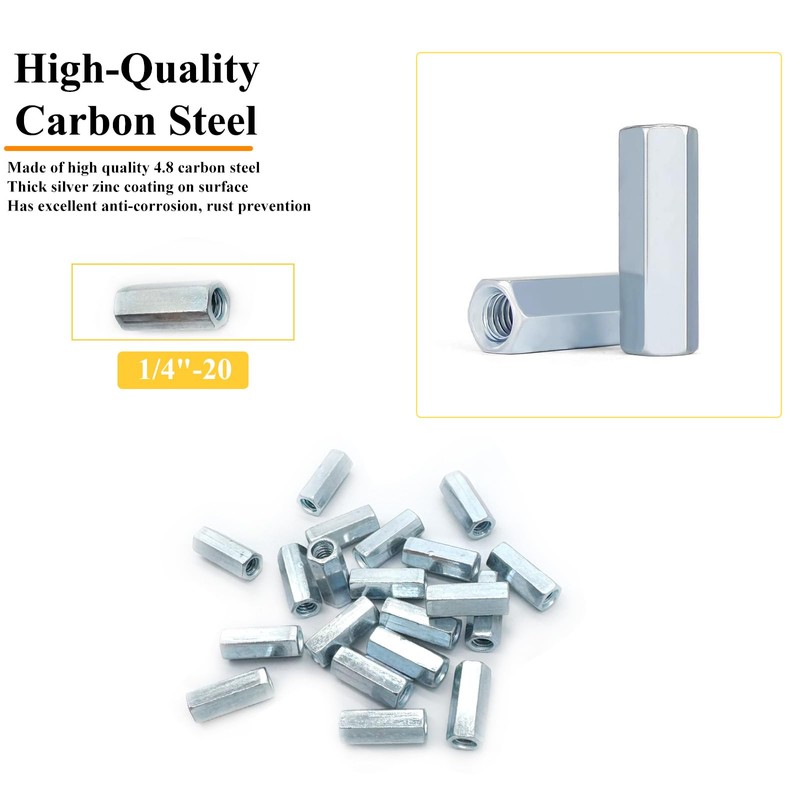 Matrelt 20Pcs 1/4"-20 Hex Coupling Nut, Threaded Rods Coupling Nuts