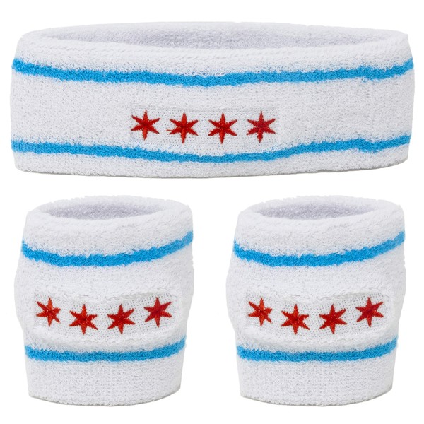 Funny Guy Mugs Chicago Flag Unisex Sweatband Set (3-Pack: 1 Headband + 2 Wristbands)