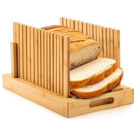 Bread Slicer for Homemade Bread, Bamboo Bread Slicing Guide Adjustable Width, Foldable and Compact Cutting Guide with Crumb Tray for Cakes, Bagels, Loaves, Kitchen Gadgets & Gifts (Knife Not Included)