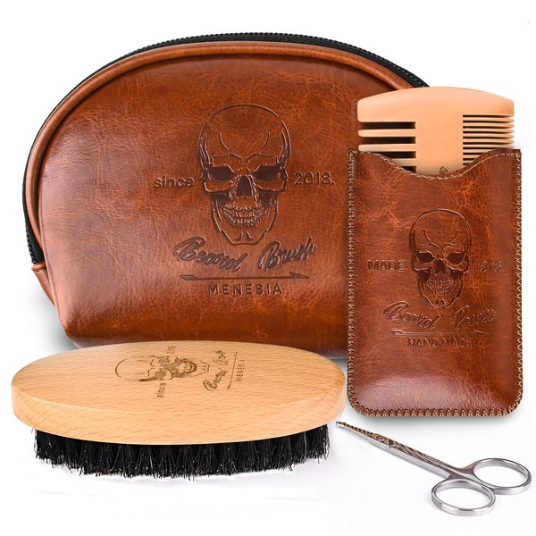 Menesia Beard Brush and Comb set, Boar Bristle Hair Beard Brush Kit with Small Leather Travel Toiletry Bag Case for Men, include Men's Wooden Mustache Comb & Nose Hair Scissors
