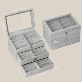 AUTOARK 3-Layer Sunglasses Organizer Box,24 Slots for Home Desktop & Closet,Soft Ice Velvet Lining,Glass Top Display,Large Glasses Storage Drawer,Grey Eyewear Case,Gift for Men Women,MKAW049
