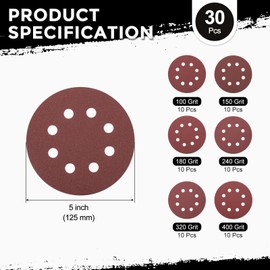 Kozelo 30 Pack Sanding Disc Kit 5 Inch 100/150/180/240/320/400 Grit 8 Hole Hook and Loop Random Orbital Sandpaper for Drywall Sander Wood Metal