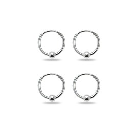 Sterling Silver Ball Bead Small Endless 10mm Thin Round Unisex Hoop Earrings for Men Women Set of 2 Pairs, Metal