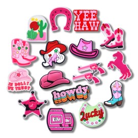16PCS Pink Cowgirl Shoe Charms, Western Shoes Charm, Country Clog, Horse Cute PVC Shoes Decoration Charm Sports Charms for Boys Kids Teens Man Gifts