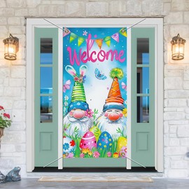 BlissYard Easter Door Banner Door Cover 70x35 Welcome Bunny Gnome Easter Egg Background Backdrop Door Decorations Hanging for Spring Party Supplies, Outdoor Spring Decor