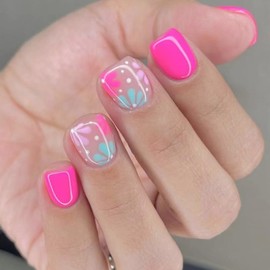 Press on Nails Short Square Fake Nails Red Glossy False Nails with Light Blue Pink flowers Press ons Designs Acrylic Nails Press on Artificial Nails Stick on Nails For Women Girls 24Pcs