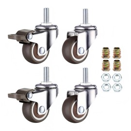 Set of 4 swivel castors for furniture, M8 x 15 mm castors with brake, furniture castors small, 80 kg load capacity, 1.5 inch TPR rubber wheels, 360° rotatable furniture castors, 2 with brakes and 2