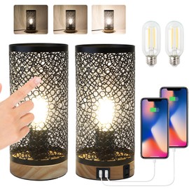 Touch Control Table Lamp Set of 2, Dimmable Bedside Nightstand Lamps with USB Port and AC Outlets, Industrial Desk Lamps for Bedroom Living Room Office Metal Shade, Bulbs Included (Black)