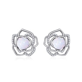 POPLYKE Opal Rose Earrings for Women Sterling Silver White Opal Stud Earrings Rose Flower Jewellery Gift for Women (Opal), Sterling Silver, No Gemstone