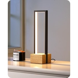 EDISHINE Dimmable LED Table Lamp, Square Modern Bedside Lamp with 3 Color Temps 3000K 4500K 6000K, Black Aluminum Frame, Complete Wooden Base, Touch Control Switch Nightstand Lamp for Bedroom