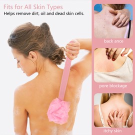 2 Stück Körperduschbürste Rückenschrubber, langer Griff, Badebürste mit weichem Netzschwamm für Frauen, Männer, ältere Menschen, Peeling-Bad, Massage (Blau, Rosa)