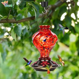Hummingbird Feeder, BOLITE Glass Hummingbird Feeders for Outdoors Hanging, Hand Blown Twisted with Ant Moat and Five Feeding Ports, 24 Ounces, Leak Proof, Red, Gifts for Women Men, Gifts for Mom Dad
