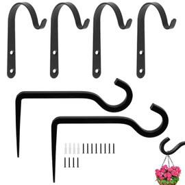 YanBous Iron Wall Hook Set Black Hanging Basket Shelf Garden Patio Set of 6 for Hanging Baskets, Bird Feeders, Lanterns and Wind Chimes