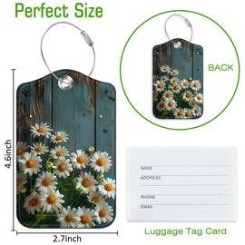 2 Pack Luggage Tag for Suitcase Daisies on Blue Wooden Leather Travel Cruise Luggage Tag with Stainless Steel Loop Name ID Label Privacy Cover for Adults Teens Travel Bag Labels Set
