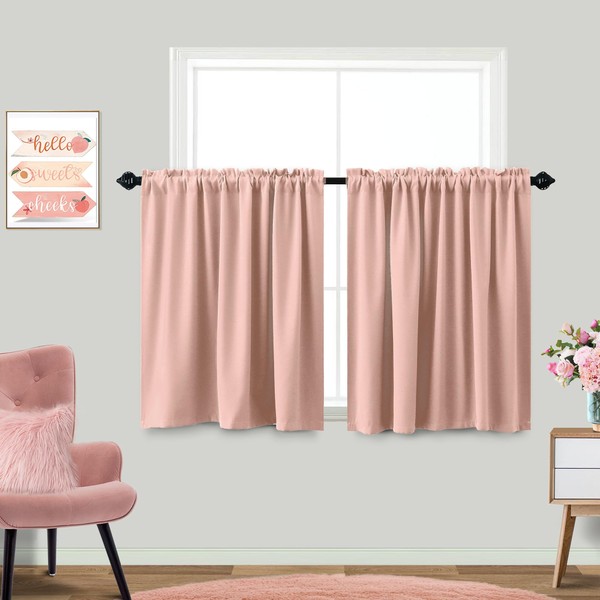 Blush Pink Short Curtains 34x36 Inches Long for Girls Room Set 2 Panels Half Cafe Tier Curtains Blackout Room Darkening Rod Pocket Curtains 36 Length for Small Windows Kitchen Bathroom Kids Bedroom