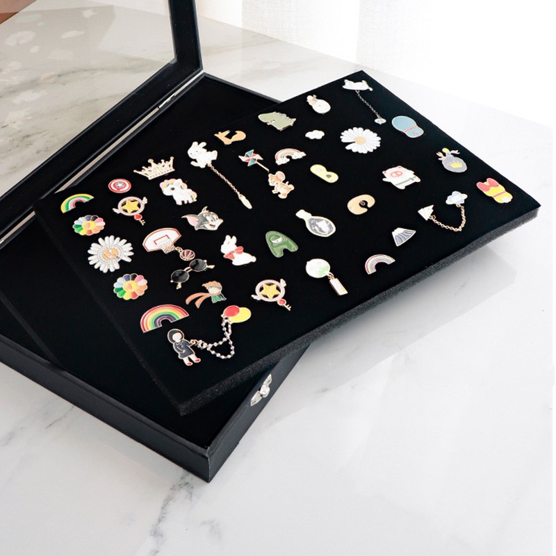 Pin Display Case Dustproof Transparent Glass Lid Badge Storage Box