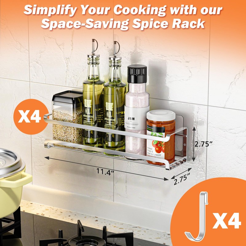 Bunoxea Spice Rack wall mounted 4 Pack, Space-Saving Spice Organizer