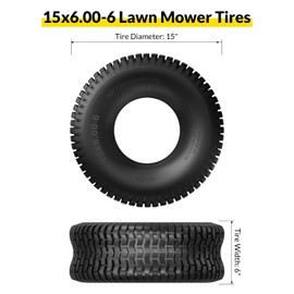 RONPOW 15x6.00-6 Tubeless Lawn Mower Tire, 15x5x6 Riding Lawn Mower Tires, 4 Ply Rubber Tread Pattern 15-6.00-6 Garden Tractor Tire for Residential and Commercial, 2Pack Tubeless, Load 500LBs