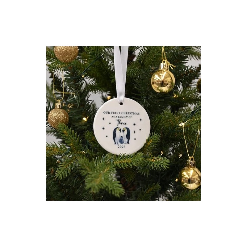 Family of Three First Christmas Ceramic Bauble - Penguin-Themed Festive