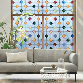 DKTIE Colorful Gem Lattice Pattern Decorative Window Privacy Film Rainbow Stained Glass Window Film Classroom Decor Renter Friendly Decor (S533 - Rainbow, 35.4in X 78.7in)