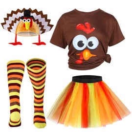 4 Pcs Thanksgiving Turkey Costumes Set for Women Turkey Face T Shirt Tutu Skirt Knee High Socks Gobbler Hats (Medium) Brown
