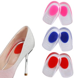 Heel Spur Insoles, 3 Pairs Heel Cushions, Heel Gel Insoles, Soft Gel Insoles for Men and Women, Heel Cushion Orthopaedic for the Heel and Achilles Tendon, Size: 40-45, Blue, Pink and Red