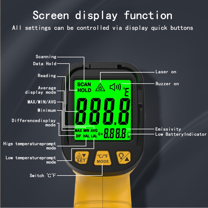 Infrared Thermometer Temperature Gun 1796°F, 50:1