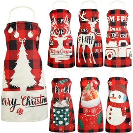 Zhanmai 7 Pcs Christmas Aprons for Women Men Red Black Buffalo Plaid Xmas Apron Adjustable Kitchen Cooking Baking with Snowman Elk Christmas Tree