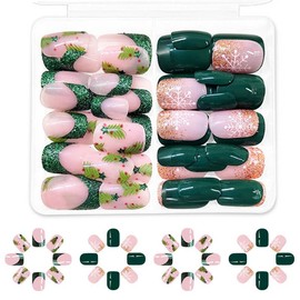 KOLONAMS 48Pcs Christmas Green Press on Nails Short Square Fake Nails with Glitter Design Winter Snowflake Christmas Tree Xmas Press on Nails Coffin Full Cover Acrylic False Nails for Women Girls