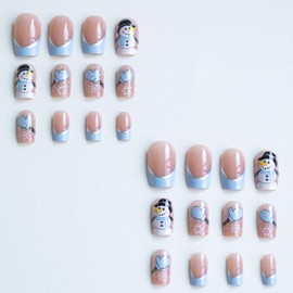 LPOODDNU French Christmas Press on Nails Short Square Snowman Fake Nails Glossy Blue French Tip Christmas Nails Press ons Cute Christmas False Nails with Gloves Snowflakes Designs Stick on Nails