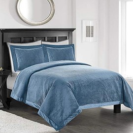 Velvet Lavish Design with Brushed Microfiber 3pcs Bedspreads Luxury Pattern Soft Solid Coverlet Set (Antique Blue, King)