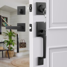 Haidms Black Front Door Handle and Deadbolt Set, Entry Door Handle and Deadbolt with Reversible Handle Lever,Front Door Lock Set, Exterior Door Handles and Locks