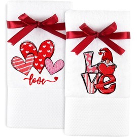 Quera 2 Pack Valentine's Day Hand Towels 100% Cotton Embroidered Premium Luxury Decor Bathroom Decorative Dish Set for Drying, Cleaning, Cooking, 13.7 "X 29.5", White, Love Gnome