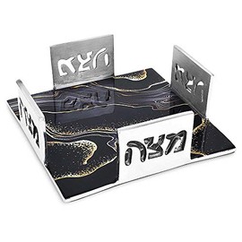 Decorative Passover Seder Matzo Plate with Artistic Marble Print Aluminum Fits All Standard square Matza (Black Marble) Passover Decorations By Zion Judaica