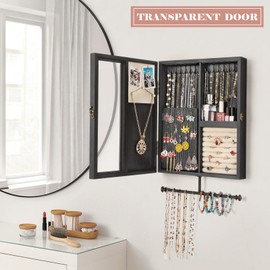 Keebofly Wall Mounted Jewelry Organizer With Rustic Wood Large Space Jewelry Cabinet, Holder, Storage Box for Necklaces, Earrings, Bracelets, Ring Holder, and Accessories Black