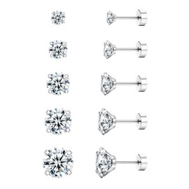 Dimaday 5 Pairs 20G Medical Stud Earrings Stainless Steel for Women Men CZ Flat Back Cubic Zirconia Cartilage Earrings Helix Piercing Tragus Flat Back Piercing Earrings Set Stud Earrings, Alloy Steel