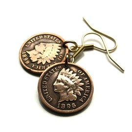 United States of America coin earrings antique Native American Indian Head Cent First Nations Chief Tribal feathered headdress War bonnet Great Plains Civil War Navajo Cherokee Choctaw Sioux e000171