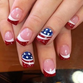 KTAABTR Red White French Tip Press on Nails Short Square Fake Nails with Glue Glossy Acrylic Nails Design Glitter Independence Day False Nails Stick on Nails for Women Girls DIY Manicure