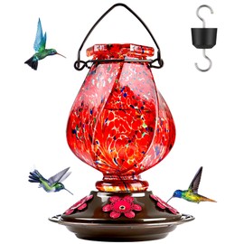 BOLITE Hummingbird Feeder, Hand Blown Glass Hummingbird Feeders for Outdoors Hanging, with Ant Moat and 5 Feeding Ports, 22 Ounces, Red, Birthday Gifts for Women Men, Gifts for Mom Dad