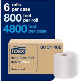 Tork Tork Hand Towel Roll Natural White H80, Universal, 100% Recycled Fiber, 6 Rolls x 800 ft, 8031400, 6 Count (Pack of 1)