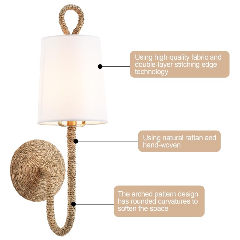 MhyTogn Natural Rattan Wall Sconce Set of 2, with Boho