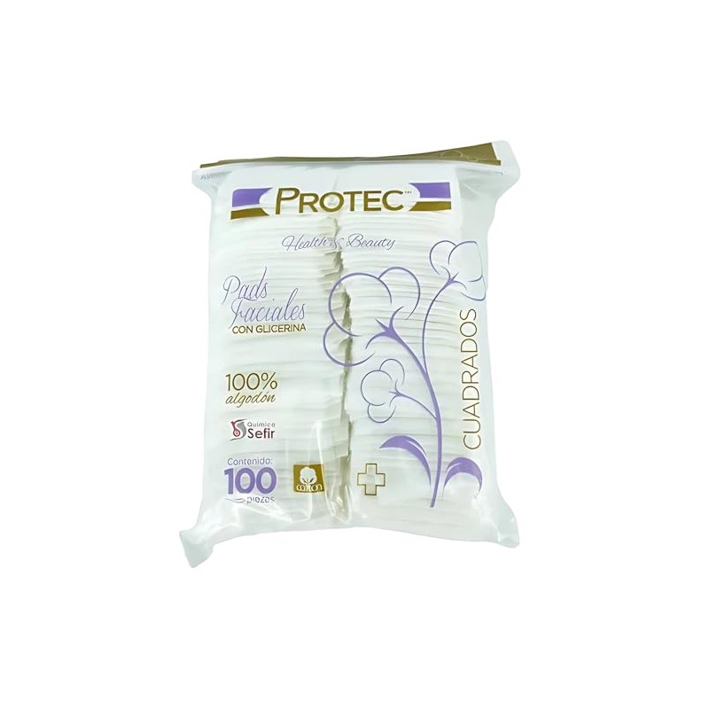 Protec Pads Faciales con Glicerina, Cuadrados, 100% Algodón, 100 Piezas,