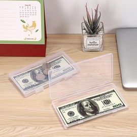 Hipiwe 2 Pack Plastic Cash Box Clear Currency Tray Rectangular Cash Storage Holder with Lid Currency Collection Box for Coin Credit Card Checks Stationery Pen