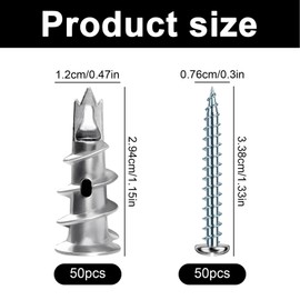 Pack of 100 plasterboard dowels, self-drilling plasterboard dowels metal with screws, plaster dowels metal for attaching to concrete, bricks, drywall