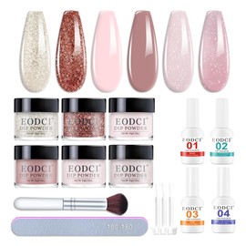 Eodci 12 Pcs Dip Powder Nail Kit Starter, 6 Colors Glitter Pink Nude Sparkle Purple Dipping Powder Kit with Base & Top Coat/Activator/Brush Saver, Nail Art Dip Manicure Kits for Women