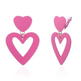 XGALBLA Double Heart Earrings Pink Heart Clip on Drop Earrings For Women Colorful Love Heart Dangle Earrings Non Pierced Clip Earrings Statement Earrings Mother's Day Valentine's Day Gift