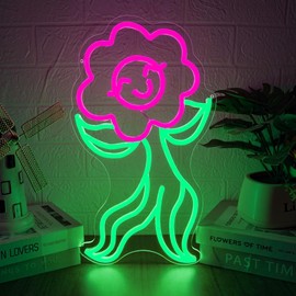 Dancing Flower Neon Sign for Wall Decor Funny Neon Lights Vibrant LED Decoration for Home, Studio, Party Whimsical Green & Pink Light Art - Ideal Gift for Decor Enthusiasts(9.4 * 16.8inch)