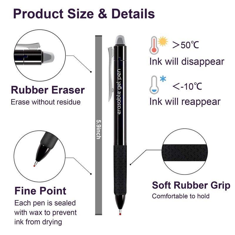 Erasable Gel Pens, 15 Pack Black Retractable Erasable Pens Clicker,