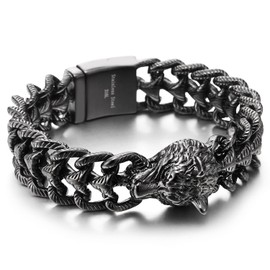 COOLSTEELANDBEYOND Men's Black Stainless Steel Wolf Head Bracelet, Textured Scale Link Curb Chain, Vintage Norse Viking