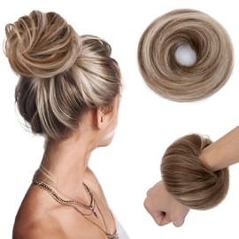 tesshair Messy Bun Hair Piece 100% Real Human Bun Hair Piece Natural Scrunchie Donut with Elastic Band Medium Brown mix Blonde Hairpieces for Women Girls(Medium Brown mix Blonde, 25g)